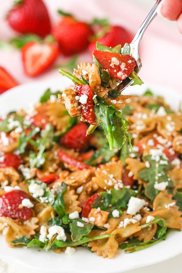 Strawberry Feta Balsamic Pasta Salad on fork