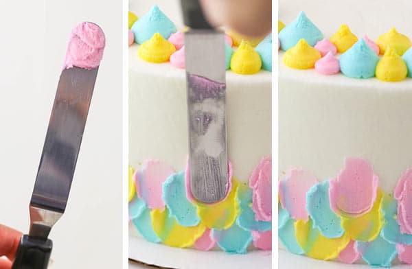 collage of how-to apply frosting using offset spatula