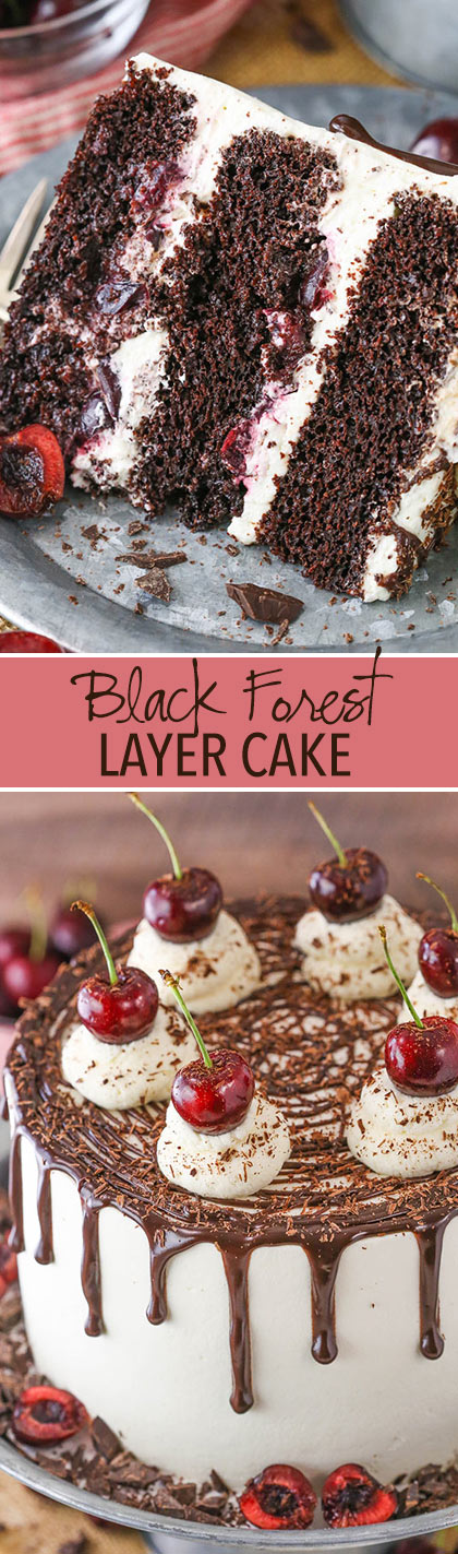 Black Forest Cake - layers of moist chocolate cake, whipped cream, cherries and cherry liqueur! Completely homemade!