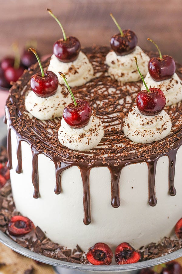 Black Forest Cake - layers of moist chocolate cake, whipped cream, cherries and cherry liqueur! Completely from scratch!