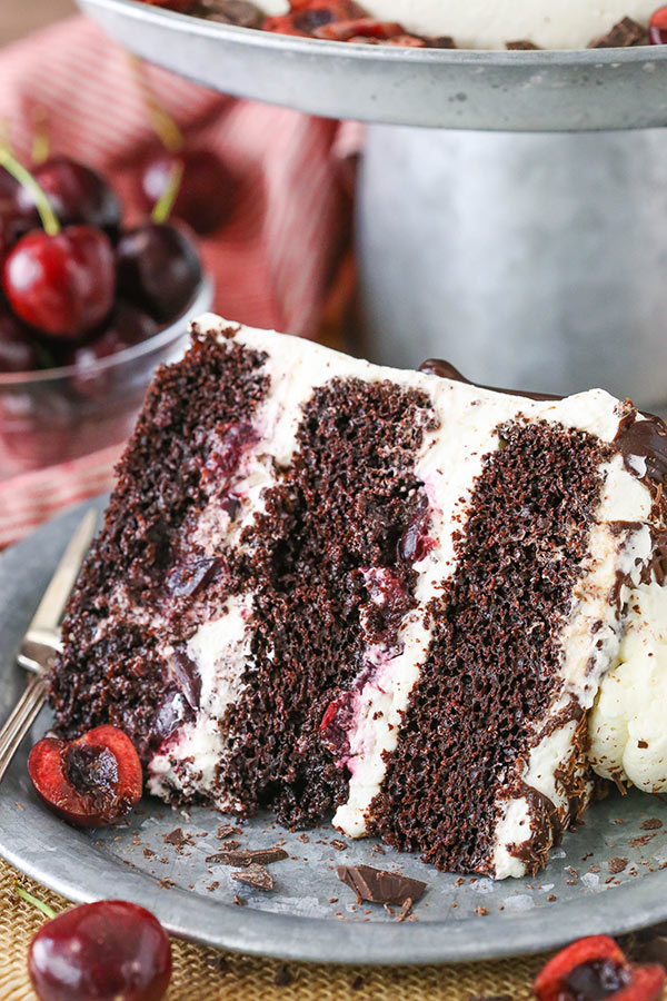 Black Forest Cake - layers of moist chocolate cake, whipped cream, cherries and cherry liqueur! Completely from scratch!