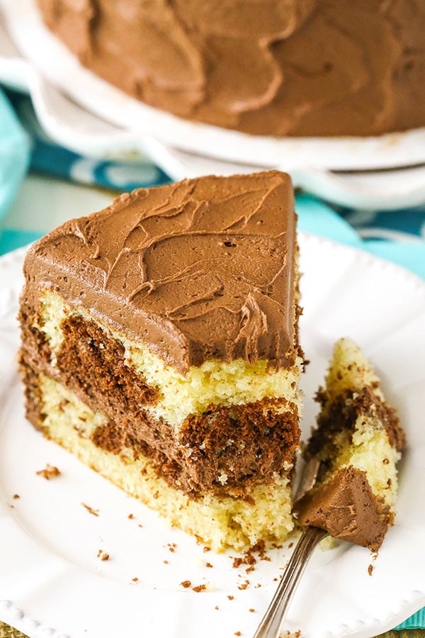 Marble Cake - swirls of chocolate and vanilla cake covered in chocolate frosting!