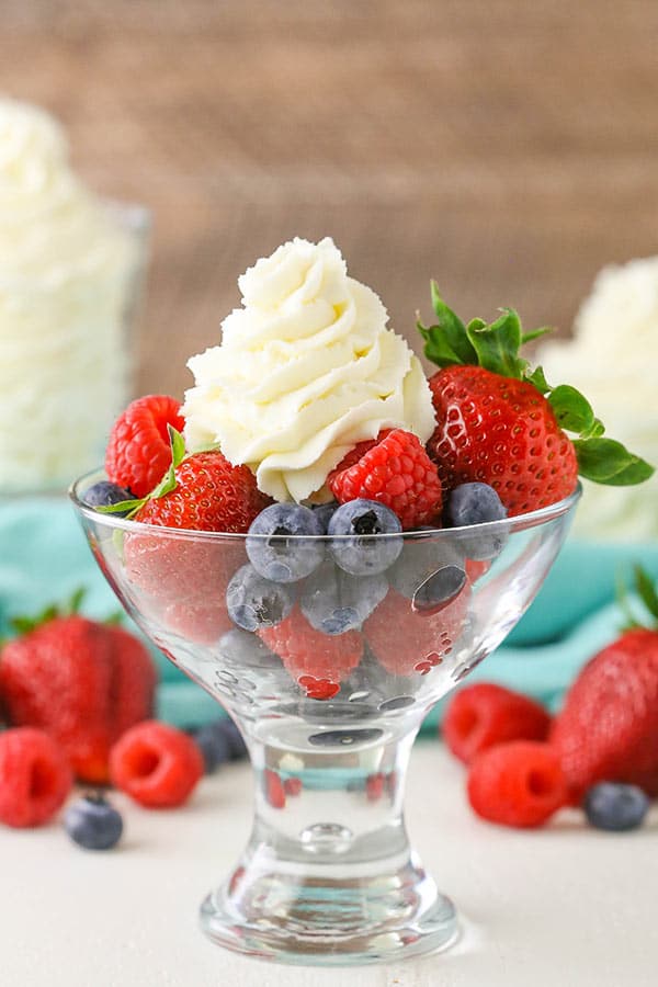 Stabilized Mascarpone Whipped Cream! Perfect for frosting cakes, topping cupcakes or even serving with fruit!