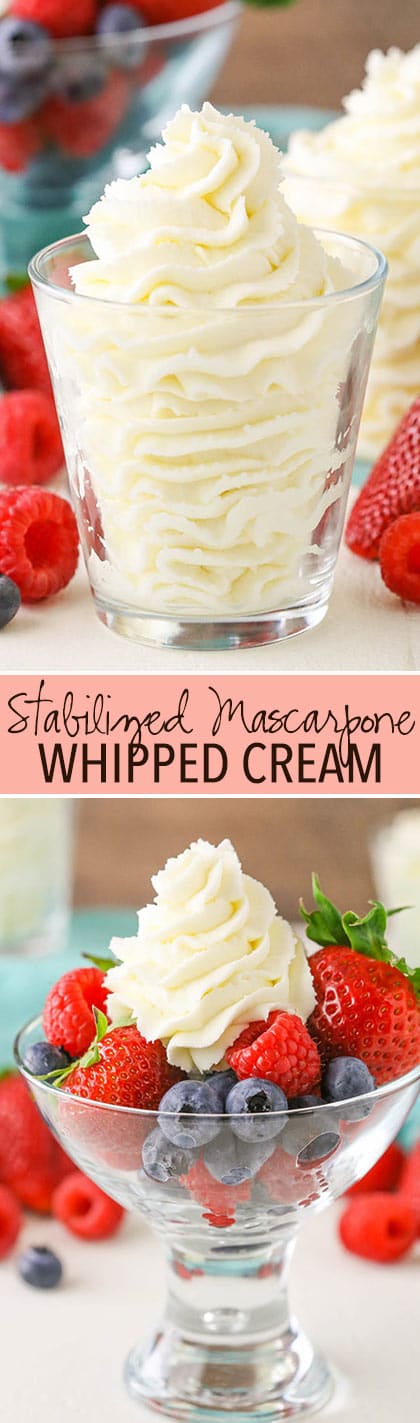 Stabilized Mascarpone Whipped Cream! Perfect for frosting cakes, topping cupcakes or even serving with fruit!