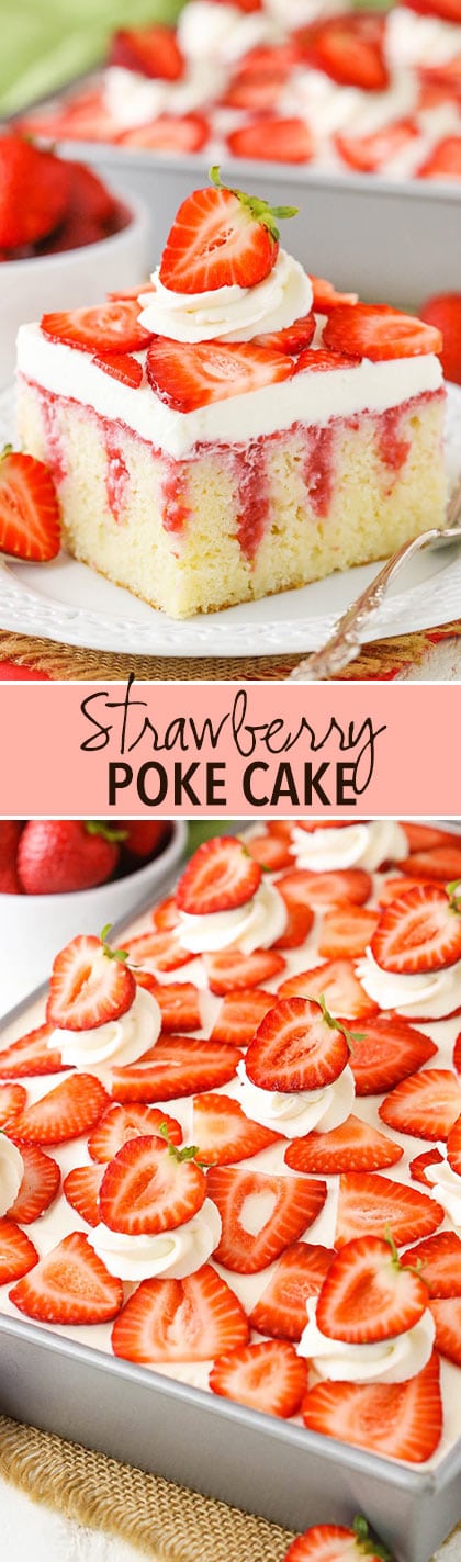 images of Strawberry poke cake slice and whole cake