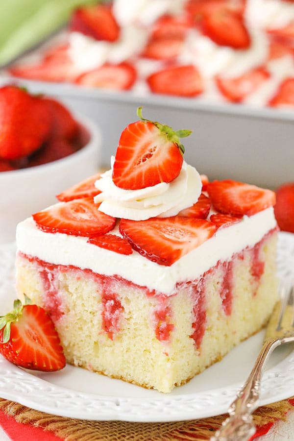 slice of Strawberry Poke Cake