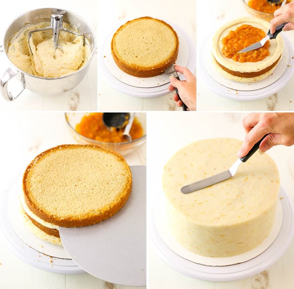 collage of how to assemble cake