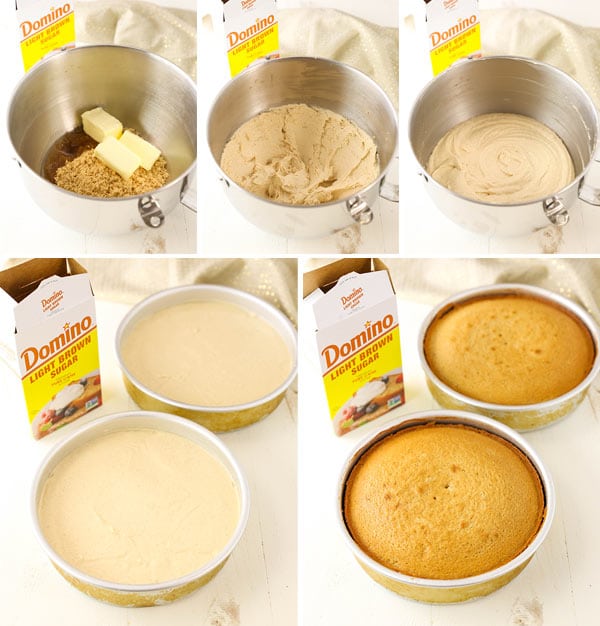 collage of overhead view of preparing cake batter