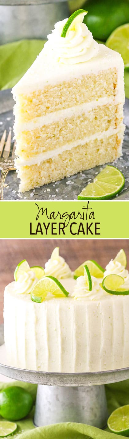 collage of slice and whole Margarita Layer Cake