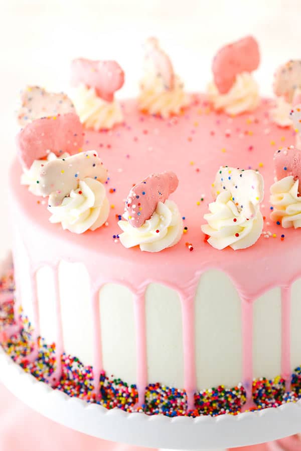 Frosted Circus Animal Cookie Layer Cake angled view showing pink drip