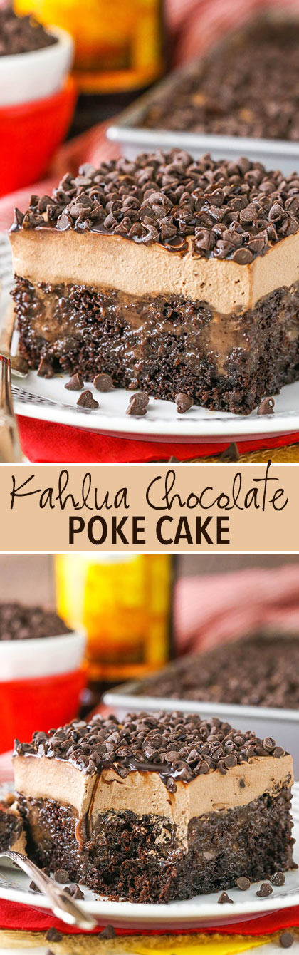 Kahlua Chocolate Poke Cake collage-two images of servings