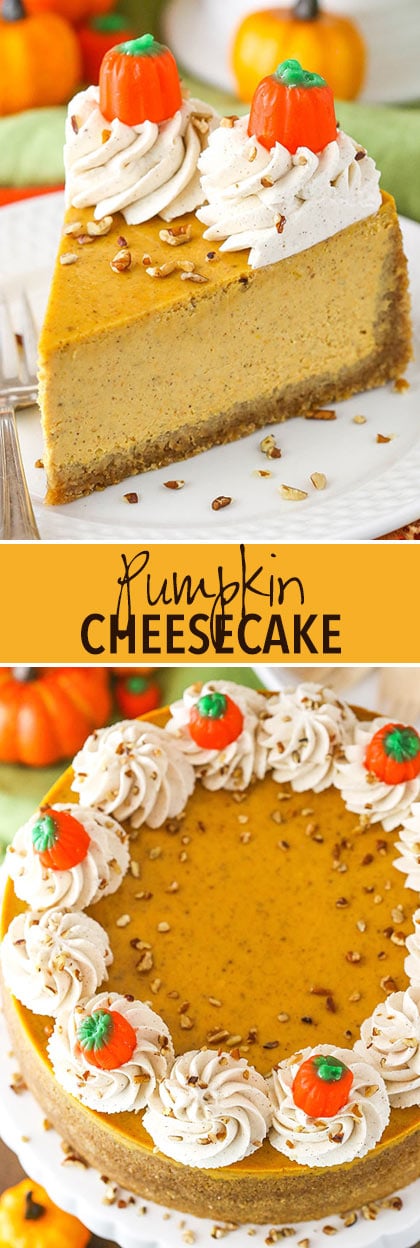 Pumpkin Cheesecake two images-slice and whole cheesecake