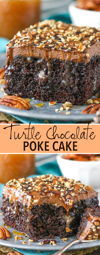 Chocolate Turtle Poke Cake -two images of slices