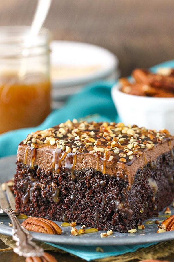 Easy Chocolate Turtle Poke Cake recipe