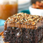 close up image of Turtle Chocolate Poke Cake