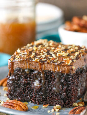 close up image of Turtle Chocolate Poke Cake