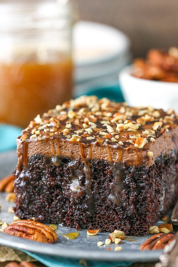 close up image of Turtle Chocolate Poke Cake
