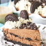 Slice of chocolate cream pie on a plate.