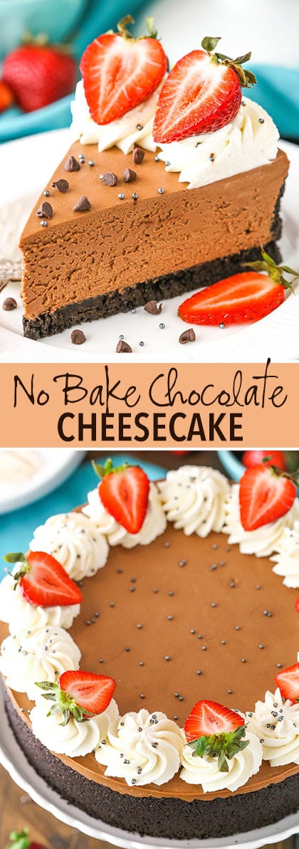 No Bake Chocolate Cheesecake collage-images of slice and whole cheesecake