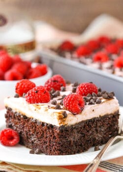 slice of Raspberry Chambord Chocolate Poke Cake