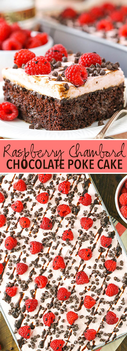 collage of alice and whole Raspberry Chambord Chocolate Poke Cake