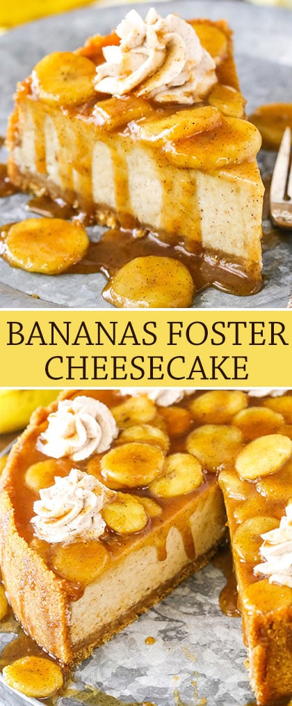 collage of photos Bananas Foster Cheesecake
