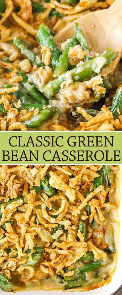 A collage of two images of green bean casserole with one showing the dish close-up