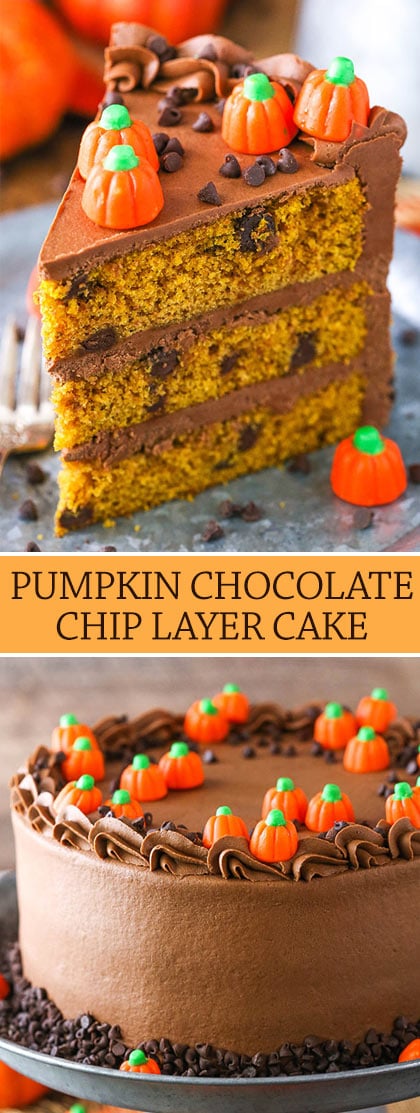 Pumpkin Chocolate Chip Cake images of slice and decorated cake collage