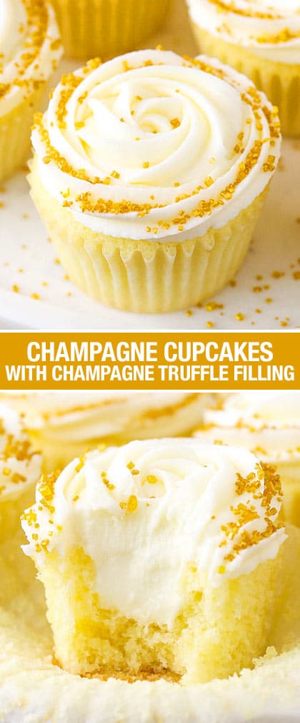 Moist Champagne Cupcakes with champagne truffle filling and champagne buttercream!