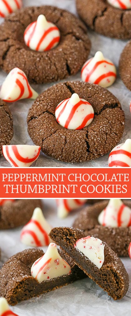 collage of Peppermint Chocolate Thumbprint Cookies