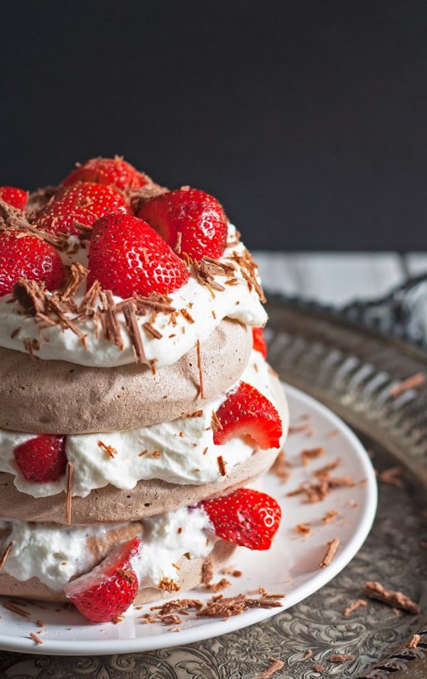 chocolate pavlova cake with fresh strawberries