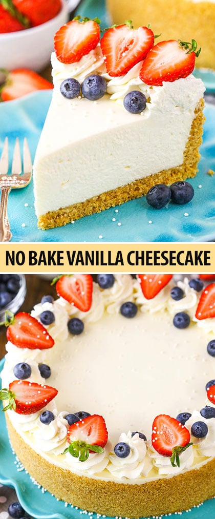 No Bake Vanilla Cheesecake! Made from scratch with sour cream and fresh whipped cream and no gelatin!