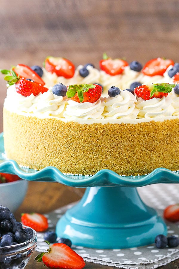 Vanilla cheesecake on a blue cake stand topped with whipped cream and fresh berries.