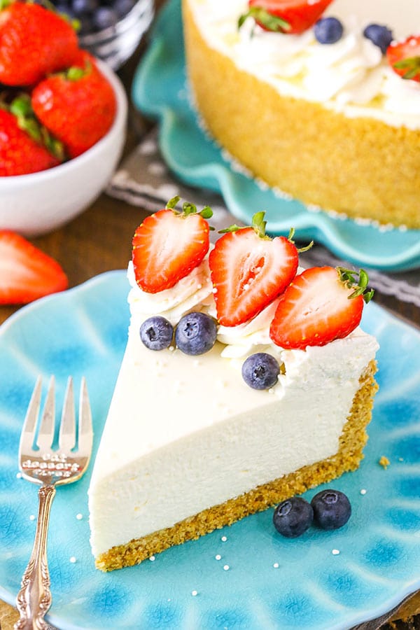 A slice of cheesecake on a blue plate topped with fresh berries.