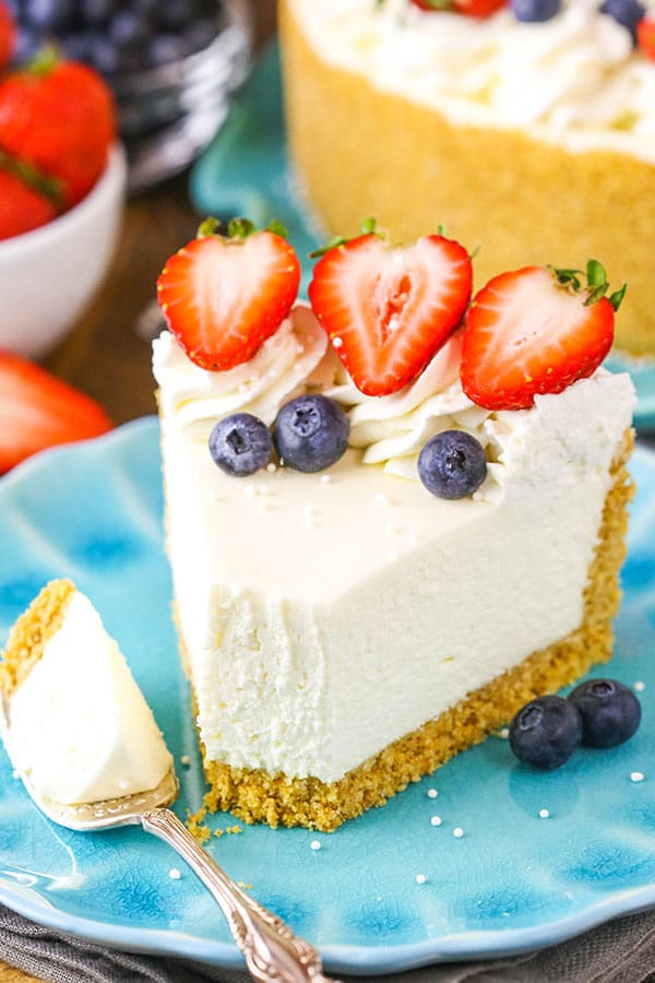No Bake Vanilla Cheesecake! Made from scratch with sour cream and fresh whipped cream and no gelatin!