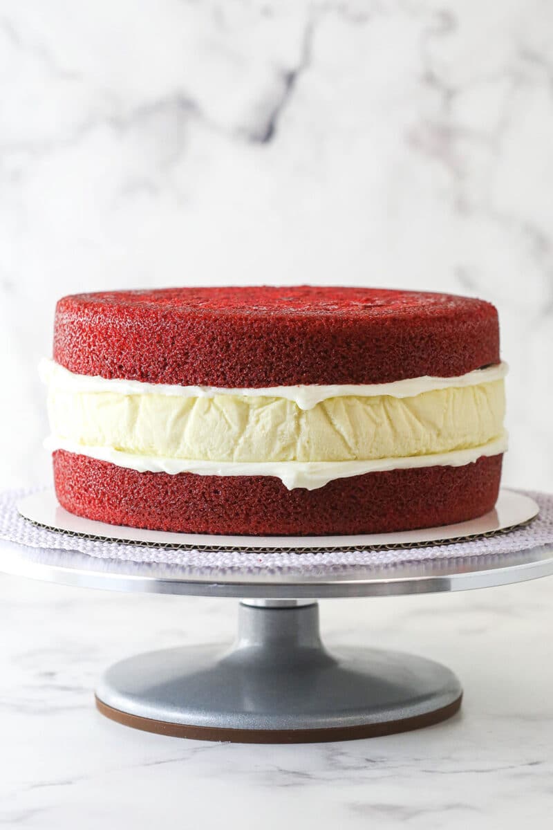 building the cake on a cake turntable