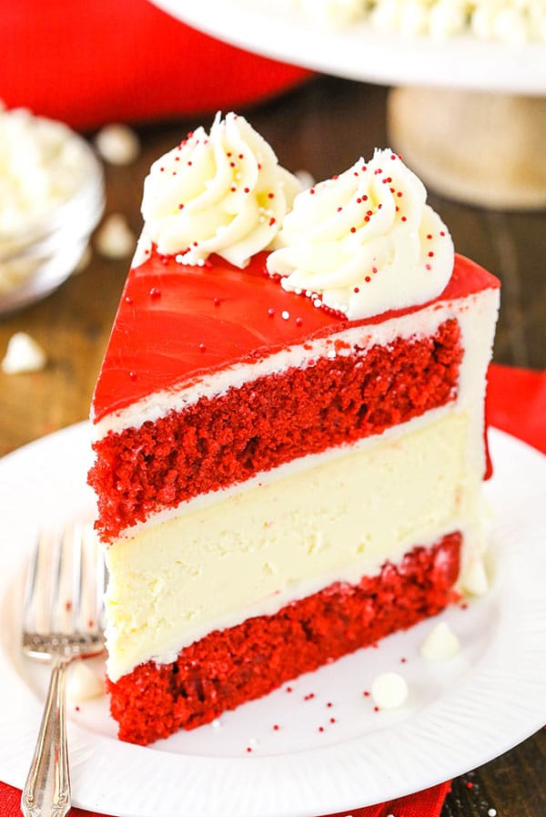 slice of red velvet cheesecake cake