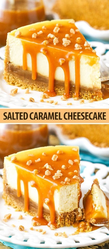 This Salted Caramel Cheesecake is the best you'll ever have! The caramel sauce is my favorite and it isn't simply drizzled on top, but it's actually layered inside the cheesecake as well!