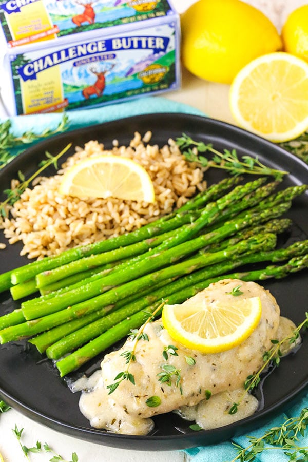 Lemon Butter Chicken with rice and asparagus
