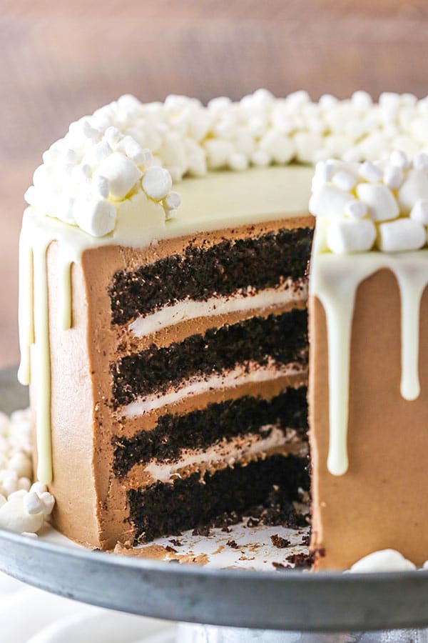 This Hot Chocolate Cake is a moist chocolate cake, hot chocolate buttercream frosting and marshmallow filling!