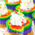 Mini Rainbow Cheesecakes with bite taken out