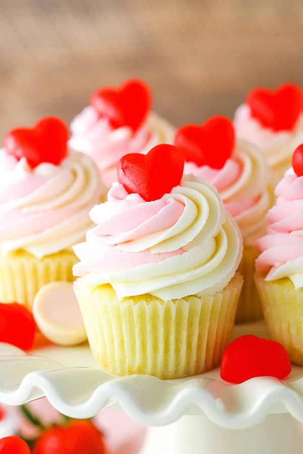 Strawberry Truffle Cupcakes Recipe topped with red heart candies