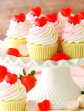 Strawberry Truffle Cupcakes on cake stand