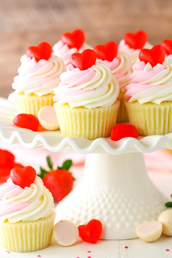 Strawberry Truffle Cupcakes on cake stand