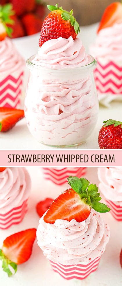 This Strawberry Whipped Cream is stable for days and made with either fresh, real strawberries or freeze dried strawberries!