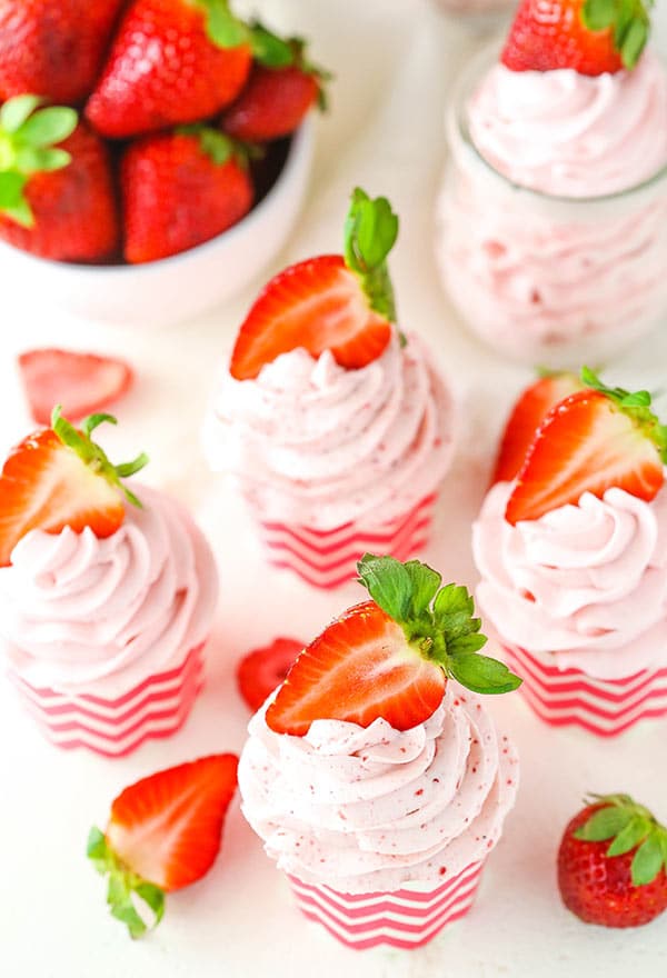 This Strawberry Whipped Cream is stable for days and made with either fresh, real strawberries or freeze dried strawberries! Fluffy and delicious!
