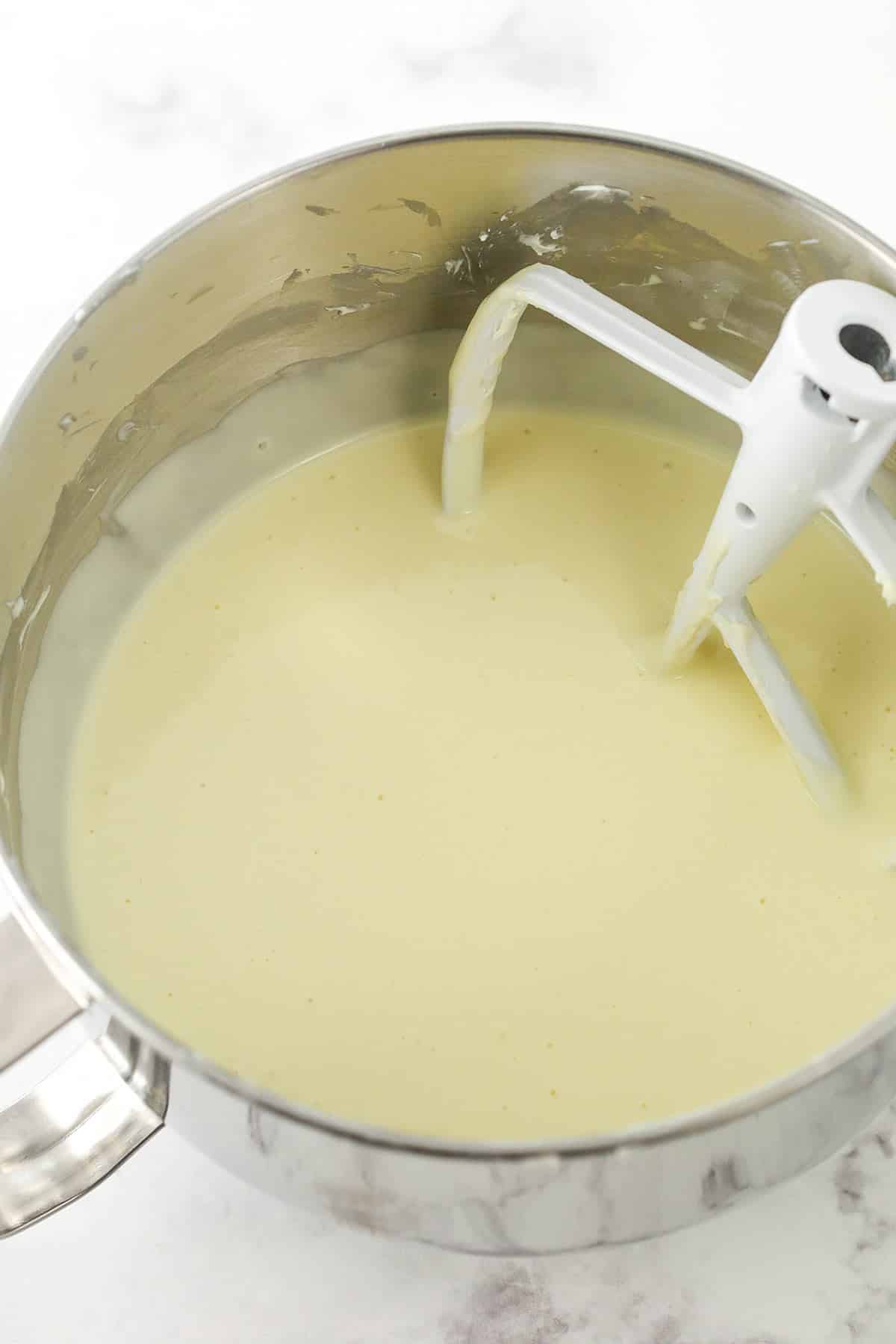 Stand mixer bowl and paddle with cream cheese filling