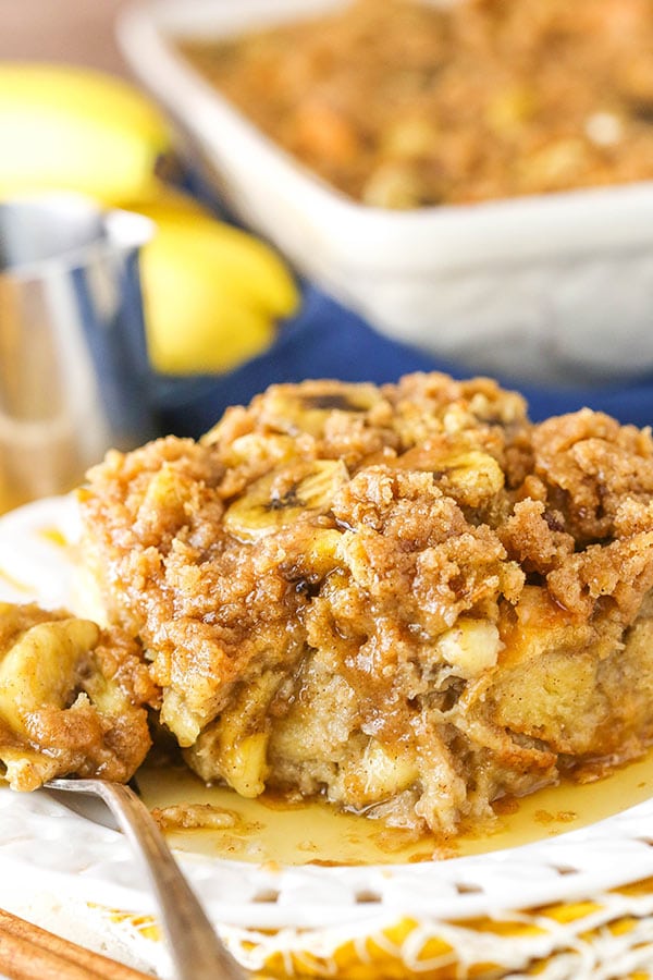 Overnight Banana French Toast Casserole with bite on fork