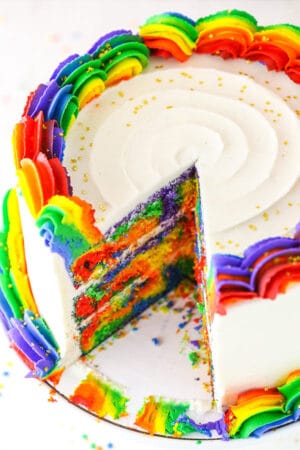 rainbow swirl cake with slice cut out