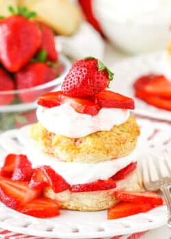 Shortcake biscuits with homemade whipped cream and strawberries.